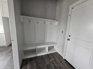 Mudroom with dark wood-type flooring