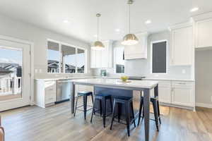 Kitchen featuring hanging light fixtures, a wealth of natural light, stainless steel dishwasher, and white cabinets