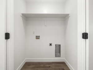 Laundry room featuring hookup for a washing machine, electric dryer hookup, and dark hardwood / wood-style flooring