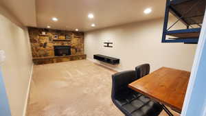 View of living room with Stone Fireplace