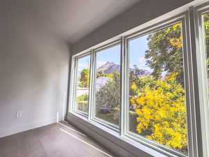 Spare room with a mountain view and hardwood / wood-style flooring