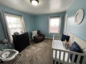 Carpeted bedroom with a textured ceiling and a crib