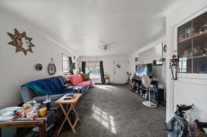 Carpeted living room featuring ceiling fan