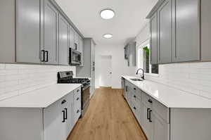 Kitchen with decorative backsplash, light hardwood / wood-style flooring, sink, gray cabinetry, and stainless steel appliances