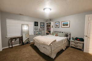 Carpeted bedroom with a textured ceiling