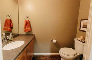 Bathroom featuring toilet, vanity, and wood-type flooring