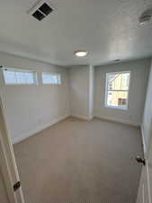 Spare room featuring light carpet, baseboards, visible vents, and a wealth of natural light