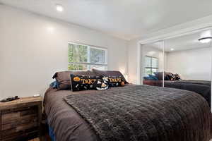 Bedroom featuring a closet, multiple windows, and wood-type flooring