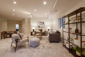 Living room with light colored carpet