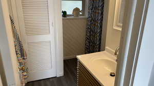 Bathroom with vanity and hardwood / wood-style flooring