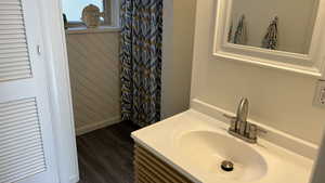 Bathroom featuring hardwood / wood-style flooring and vanity