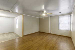 Spare room with light wood-type flooring, crown molding, and plenty of natural light