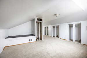 Bonus room with vaulted ceiling and carpet flooring