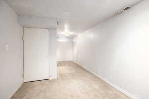 Basement with light colored carpet