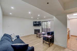 Living room with light hardwood / wood-style floors