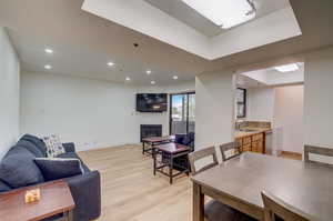 Living room with a raised ceiling, light hardwood / wood-style flooring, a fireplace, and sink