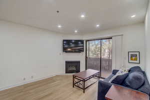 Living room with light wood-type flooring and a fireplace