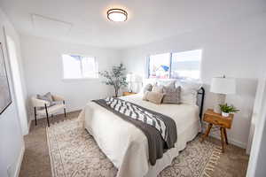 Bedroom with light carpet and multiple windows