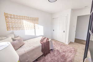 Bedroom featuring carpet flooring and a closet