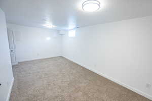 Basement featuring light carpet and a textured ceiling