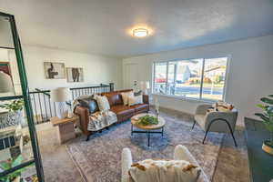 Living room featuring carpet and a textured ceiling