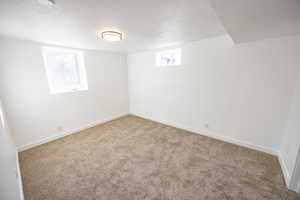 Basement with carpet and a textured ceiling