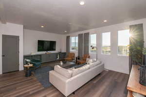 Living room with dark wood-type flooring