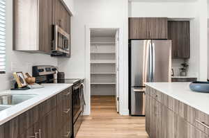 Kitchen featuring dark brown cabinets, light hardwood / wood-style flooring, and stainless steel appliances