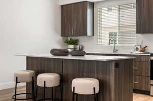 Kitchen with light hardwood / wood-style flooring, sink, dark brown cabinets, and a breakfast bar area