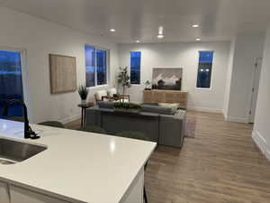 Living room with wood-type flooring and sink