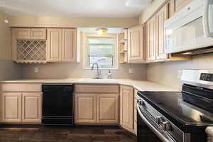 Kitchen with dishwasher, stainless steel stove, sink, and dark hardwood / wood-style flooring