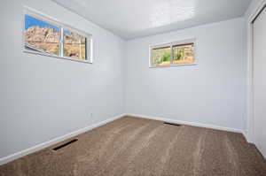 Empty room with a textured ceiling, carpet flooring, and plenty of natural light