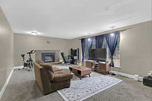 Carpeted living room featuring a textured ceiling