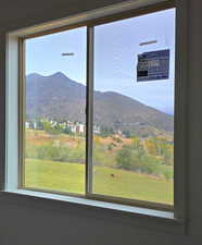 Master on main with carpet flooring and a mountain view