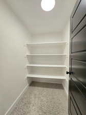 Spacious game closet featuring light colored carpet.  Access from downstairs family room
