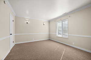 Carpeted empty room with crown molding