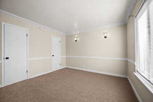 Carpeted spare room with ornamental molding