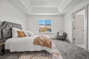 Bedroom featuring carpet, a tray ceiling, and a mountain view
