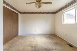 This Primary bedroom opens to the bathroom and overlooks the back yard, lined with trees.