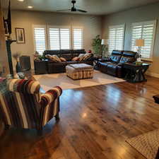 Living room featuring ceiling fan, a wealth of natural light, and hardwood / wood-style floors