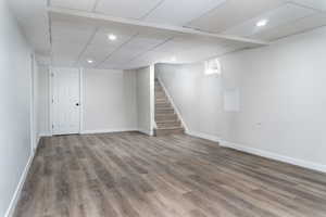 Basement with hardwood / wood-style flooring and a paneled ceiling