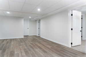 Basement featuring a paneled ceiling and wood-type flooring