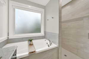 Bathroom featuring a wealth of natural light, vanity, and plus walk in shower