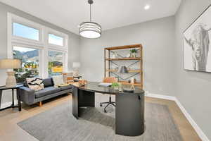 Office with a mountain view and wood-type flooring