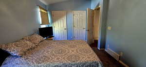 Primary Bedroom 2 closets, natural light ceiling fan Carpeted bedroom featuring lofted ceiling