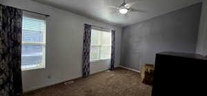 Interior space featuring carpet flooring and ceiling fan