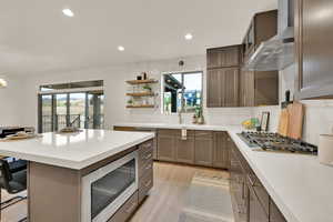 Kitchen with a healthy amount of sunlight, wall chimney exhaust hood, light hardwood / wood-style flooring, and stainless steel appliances