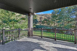 View of patio featuring a mountain view