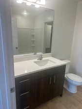 Bathroom with vanity, hardwood / wood-style flooring, and toilet