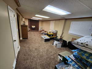 Basement featuring a drop ceiling, carpet, and a brick fireplace